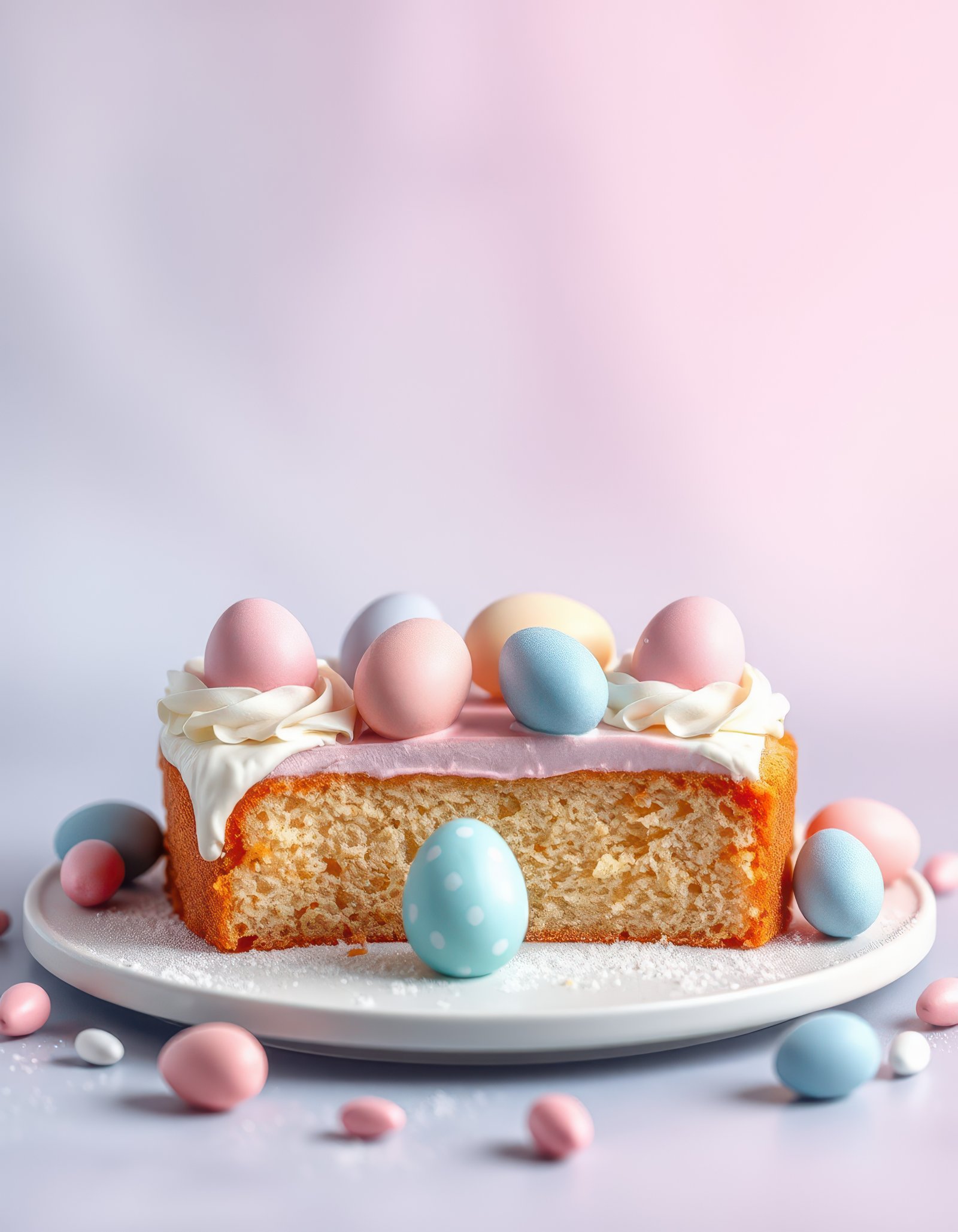 Delightful spring cake with pastel decorations and colorful eggs on a plate